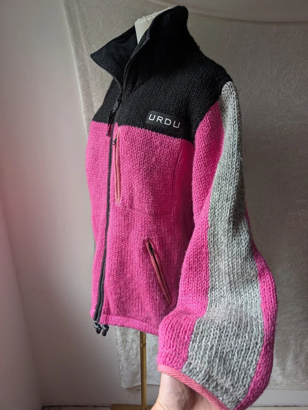 Urdu Imports Nepal Made Wool Zip Fleece Lined Jacket Pink  Colorblock